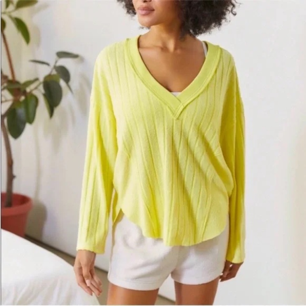 Urban Outfitters | Out From Under Raleigh V Neck Pullover Sweater Lime Yellow S